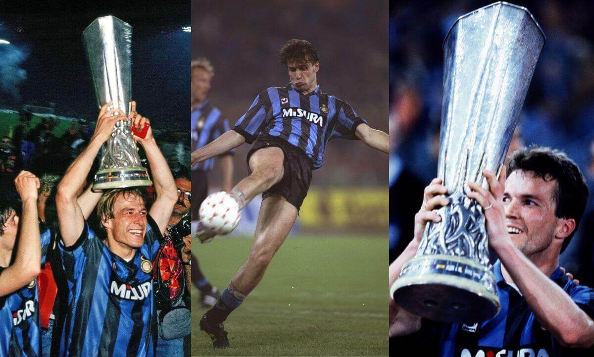 Klinsmann, Berti e Matthaus nella vittoria della Coppa Uefa 1991 con l'Inter